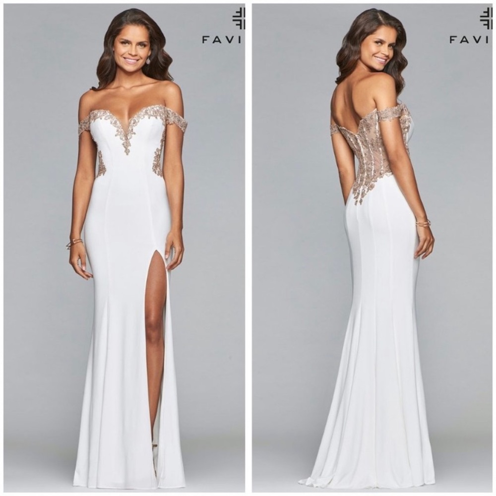 Faviana long off the shoulder gown with appliqué and sheer back bodice